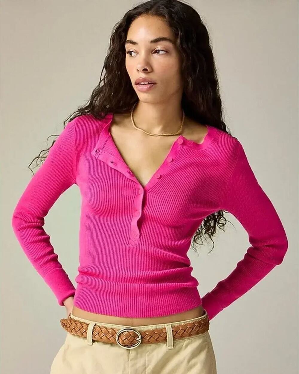 J.Crew Henley Lightweight Sweater in Tencel Blend Hot Pink Size XS